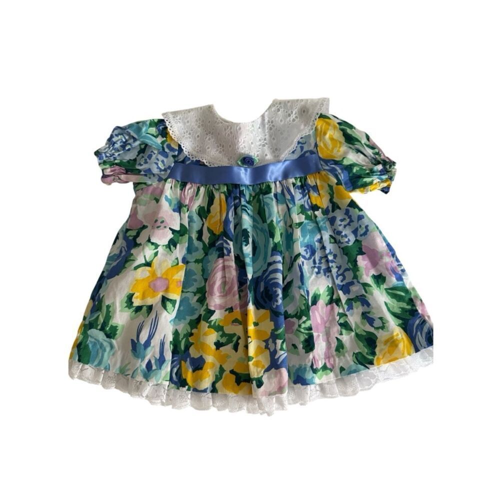 Vintage Allison Ann Girl Floral Lace-Collar Casual Dress - Blue, Yellow & Green